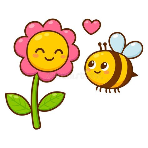 Bee Kawaii Drawing, Patchwork, Cartoon Flower Doodles, Bees Drawing Cute, Cute Honey Drawing, Bee Cartoon Cute, Bee Flower Drawing, Cute Flower Drawing Kawaii, Cartoon Bees Cute