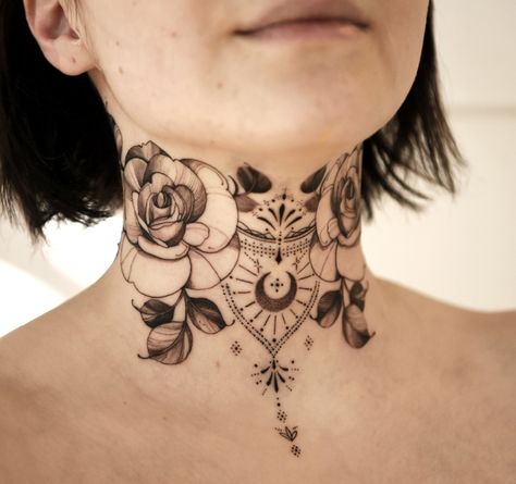 60 Best Ideas Of Throat Tattoos That Will Blow Your Mind [Men & Women] - Throat Tattoos Women Simple, Female Throat Tattoo, Female Throat Tattoo Ideas, Geometric Throat Tattoo, Throat Tattoo Ideas, Throat Tattoos, Front Neck Tattoo, Full Neck Tattoos, Trending Tattoo