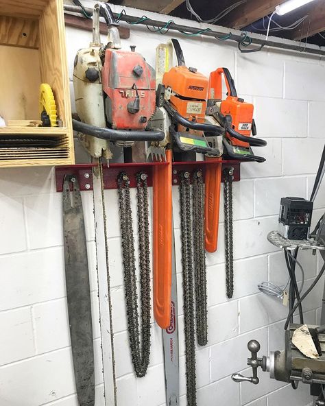 Matt Cremona on Instagram: “Chainsaw storage rack is done! Video on how I made it is up on my YouTube channel.  Link in my profile 👉@mattcremona👈” Chainsaw Storage Ideas, Chainsaw Rack, Chainsaw Storage, Garage Solutions, Garage Organization Tips, Garage Organisation, Storage Shed Organization, Garage Workshop Organization, All Ideas