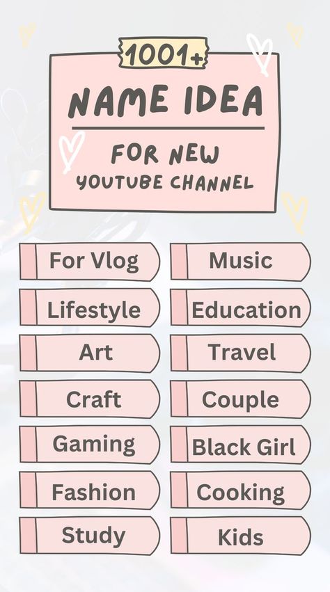 YouTube Channel Name Ideas Cute Vlog Channel Names, Unique Yt Channel Names, Youtube Channel Name Ideas For Family, Art Youtube Channel Name Ideas, Youtube Channel Name Ideas For Fashion, Catchy Youtube Channel Names, Youtube Channel Name Ideas For Gaming, Name For Youtube Channel Girl, Youtube Channel Name Ideas For Lifestyle