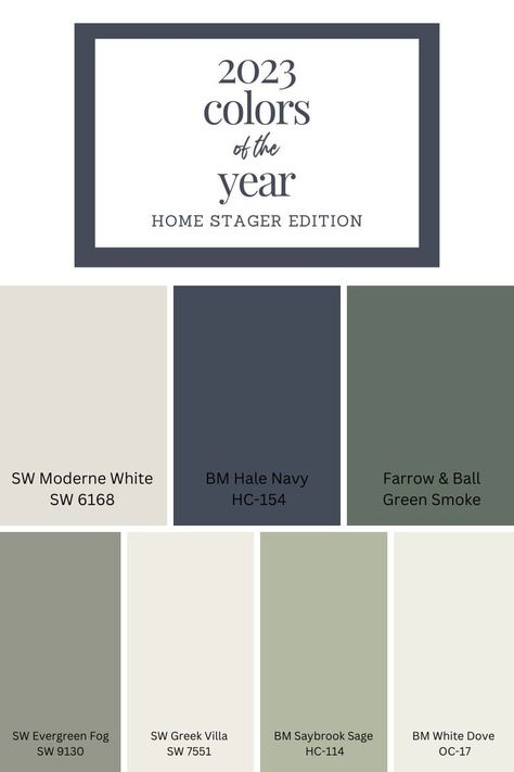 Transitional Whole House Color Scheme, Top Home Paint Colors 2023, 2023 Paint Trends Interiors, Top House Colors 2023, Navy Bathroom Color Scheme, Main Wall Color Ideas, Farmhouse Dining Room Paint Color Ideas, Lodge Wall Colors, Whole House Paint Pallet Sherwin Williams