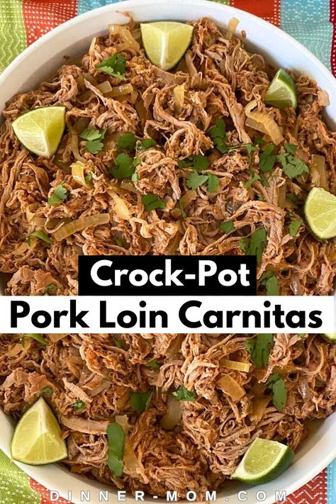 Crock-pot pork loin carnitas are the best easy lunch or dinner that's made entirely in the slow cooker. These carnitas pair well with any Mexican side to make a flavorful meal that kids and adults will love. This flavorful meat is made with only three ingredients, including a flavorful peach salsa. You can make this meat at the beginning of the week and use it for your tacos, burritos, nachos, loaded fries, and soups. Try this recipe today! Shredded Pork Loin Recipes Crockpot, Mexican Pork Loin, Pork Tenderloin Carnitas Slow Cooker, Leftover Pork Loin Recipes, Carnitas Crockpot, Pork Loin Pulled Pork, Pork Loin Crock Pot Recipes, Slow Cooker Pork Loin, Crockpot Pork Loin