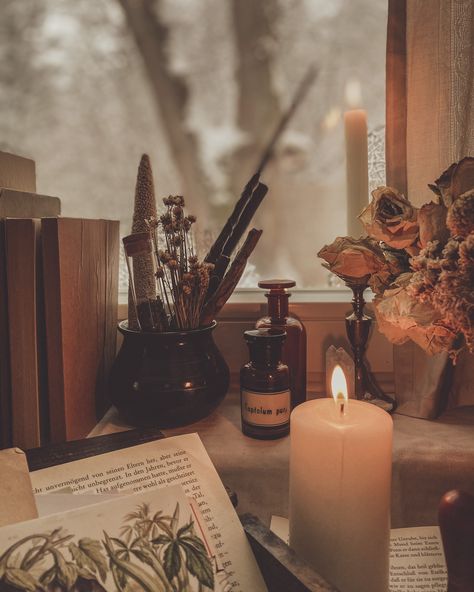 A table decorated with witchy objects and antiques agains a window. A basket with dried flowers, a candle, amber bottles, a wax stamp, botanical prints, a harry potter wand and old books. Dark Autumn Aesthetic, Imaginary World, Witch Core, Cottage Witch, John Locke, Dark Autumn, Dark Cottagecore, Magic Aesthetic, Season Of The Witch