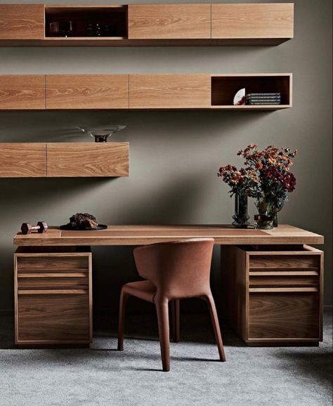 Floating Desk With Drawers, Timber Desk, Office Drawer Organization, Desk With File Drawer, Tan Leather Sofas, Leather Inlay, Floating Desk, Beautiful Desk, Wall Units