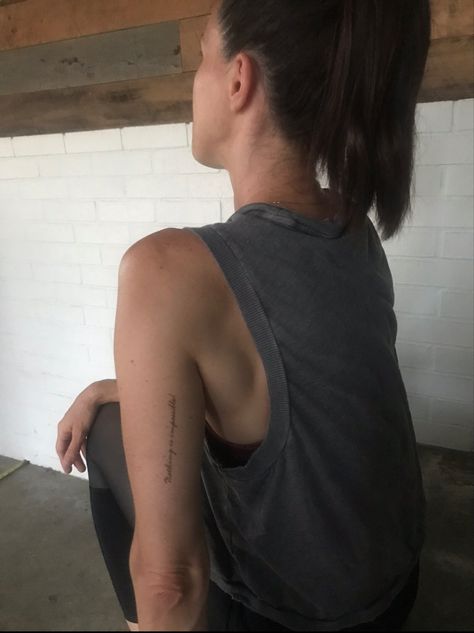 Tricep Tattoo, Tattoo Locations, Arm Tattoos Lettering, Tricep Tattoos, Back Of Arm Tattoo, Upper Arm Tattoos, Dainty Tattoos, Upper Arms, Tattoo Lettering