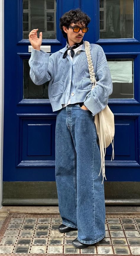 Light Blue Streetwear Outfit, Gender Fluid Fall Outfits, Navy And Blue Outfits, Masc Preppy Outfits, Vibrant Aesthetic Outfit, Oversized Oxford Shirt Outfit, Masc Maximalism, Masculine Casual Outfits, Mens Grunge Outfits 90s