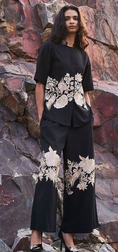 Black Silk Shirt, Floral Embroidered Shirt, Dash And Dot, Beautiful Casual Dresses, Stylish Party, Indian Designer Wear, Western Dresses, Designer Wear, Kurti Designs