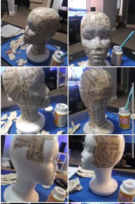 Styrofoam Mannequin Head Art, Art Sculpture Ideas, Paper Mache Art Projects, Paper Mache Art Sculpture, Cardboard Art Sculpture, 3d Wall Art Sculpture, Paper Mache Head, Styrofoam Art, Styrofoam Crafts