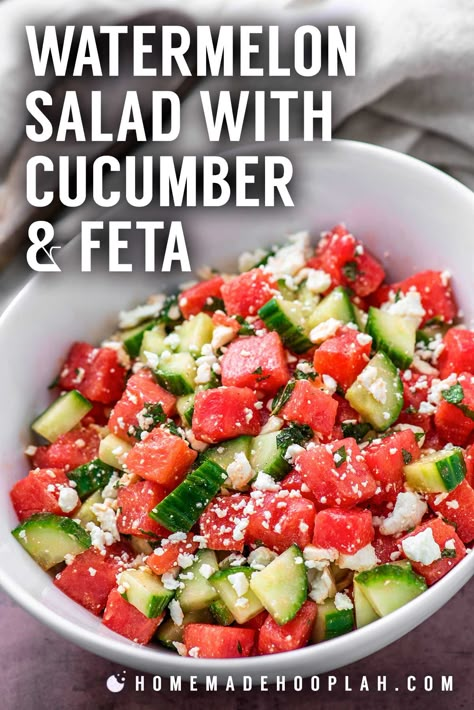 Cucumber Melon Salad, Watermelon Salad With Cucumber And Feta, Watermelon Cucumber Salad, Watermelon Salad Recipes, Salad With Cucumber, Watermelon Feta Salad, Watermelon And Feta, Fresh Salad Recipes, Mint Salad