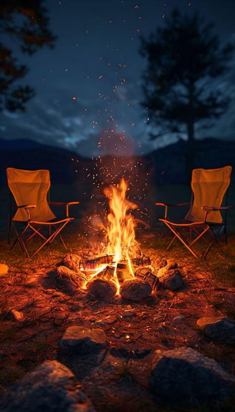 Night Fire Camping, Fire Pit Aesthetic, Campfires Photography, Cabin Mood Board, Bonfire Aesthetic, Fire At Night, Caravan Hacks, Campfire Scene, Space Art Wallpaper