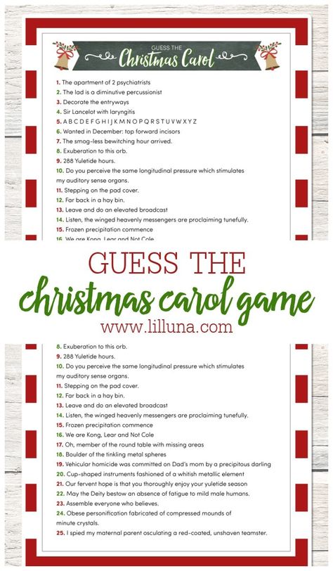 Guess the Christmas Carol Game - use the clues to guess the carol. A fun, FREE, game to use at your next Christmas party! #christmas #christmasgame #freeprintable #christmasprintable Christmas Jeopardy Questions, Christmas Jeopardy Questions And Answers, Jeopardy Questions And Answers, Sock Party, Left Right Christmas Game, Grinch Night, Christmas Jeopardy, Jeopardy Questions, Christmas Carol Game