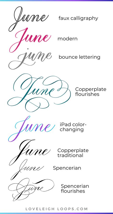 Master the calligraphy of June with this calligraphy tutorial from Loveleigh Loops! Here you'll find an easy calligraphy lesson that shows you how to write the month of June in calligraphy. Let the different calligraphy styles in this tutorial be the inspiration you need for your calligraphy practice. Follow Loveleigh Loops for more calligraphy tutorials and inspiration! Spencerian Alphabet, Beautiful Writing Styles, June Calligraphy, Calligraphy J, Calligraphy For Beginners Worksheets, Types Of Calligraphy, Calendar Calligraphy, J Calligraphy, Spencerian Calligraphy