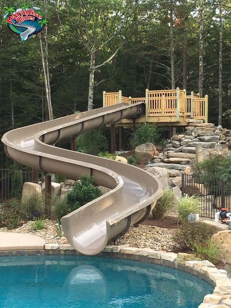 We design & sell the highest quality Residential Water Slides on the market! Call or email us today for a pool slide for your backyard. We offer same day designs and don't charge for our design layouts. #residentialwaterslide #poolslide #awesome Diy Pool Slide, Swimming Pool Slides, Pool Water Slide, Children Swimming Pool, Pool House Designs, Pool House Plans, Small Swimming Pools, Swimming Pools Inground, Pool Slide