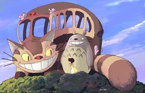 Totoro and Cat Bus Totoro Party, Totoro Art, Cat Bus, Personajes Studio Ghibli, Ghibli Tattoo, Cartoon Cats, Ghibli Artwork, Studio Ghibli Movies, Studio Ghibli Art