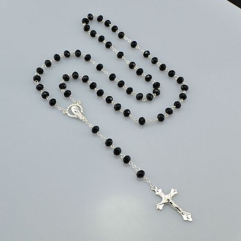 Virgin Mary Rosary, Silver Rosary, Catholic Necklace, Cross Jesus, Crystal Cross, Rosary Necklace, Necklace Beaded, Jesus On The Cross, Necklace Black