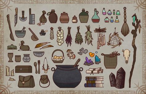 Witch Things Drawing, Witch Items Drawing, Witch Items Illustration, Witch Props Art, Fantasy Props Art, Witch Cottage Drawing, Witch Objects, Witch Materials, Props Drawing