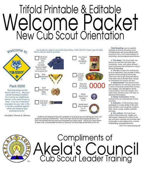 New Cub Scout Parent Pamphlet-editable pdf   Here are two different editable pdf documents that you can use in your dens or packs.  One has more editable text forms than the other, but they are in the same basic format. Cub Scout Recruiting Ideas, Info Pamphlet, Cub Scout Law, Cub Scout Skits, Scouting Activities, Cub Scout Games, Cub Scouts Wolf, Cub Scouts Bear, Tiger Scouts