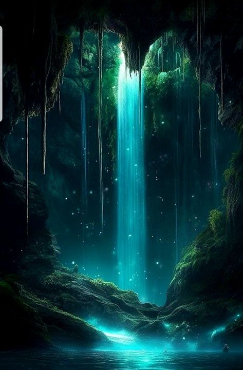 Wallpaper Backgrounds Waterfall, Cave With Waterfall, Fantasy Lagoon, Water Fantasy Art, Glowing Waterfall, Science Fantasy Art, Dark Fantasy Background, Enchanted Waterfall, Shadow Landscape