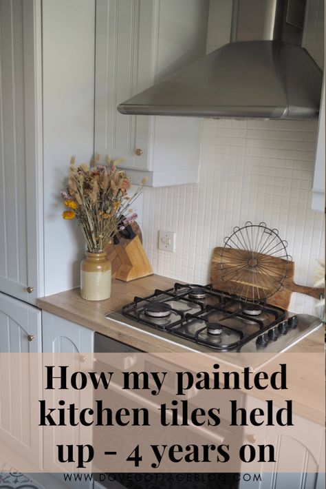 Painted kitchen tiles Kitchen Floor Painted Tile, How To Cover Kitchen Wall Tiles, Painting Wall Tiles Kitchen, How To Paint Tiles In Kitchen, Can I Paint Tile, Painted Kitchen Tile Backsplash, Painted Backsplash Tile, Painting Kitchen Tile Backsplash, Painting Tile Backsplash Kitchen