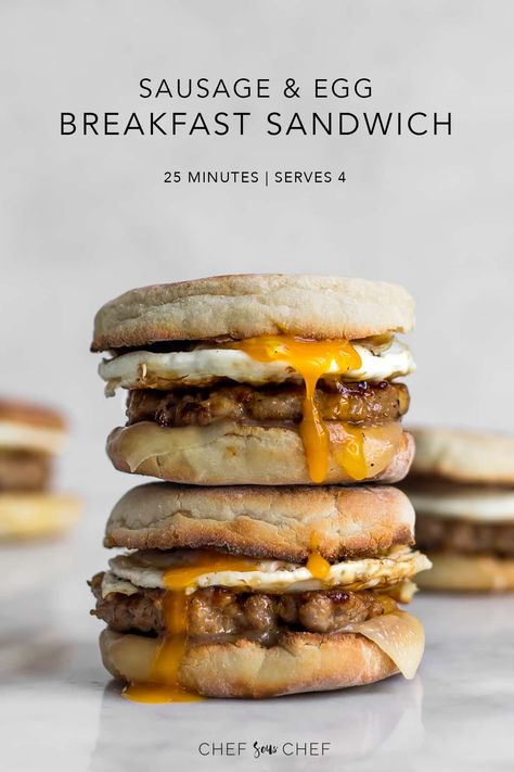 Sausage and Egg Breakfast Sandwich | Just like a sausage and egg McMuffin, this quick and simple breakfast sandwich starts with a toasted English muffin, cheddar cheese, sausage patty, and fried egg. It's a perfect weekend breakfast or brunch, or make-ahead to reheat at work. #brunchideas #breakfastrecipes #mcmuffin #foodphotos | chefsouschef.com Sausage Muffin, Egg And Sausage Breakfast, Sausage Egg Mcmuffin, Egg Mcmuffin Recipe, Cafe Items, English Muffins Sandwich, English Muffin Breakfast Sandwich, Egg Breakfast Sandwich, Sausage And Egg Breakfast