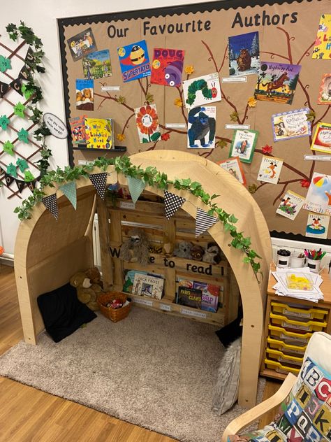 Story Display Boards Nursery, Story Corner Display Ideas Nursery, Book Corner Ideas For Preschool, Early Years Reading Corner, Home Corner Kindergarten, Curiosity Approach Story Corner, Early Years Display Ideas, Eyfs Book Corner Ideas, Classroom Cosy Corner