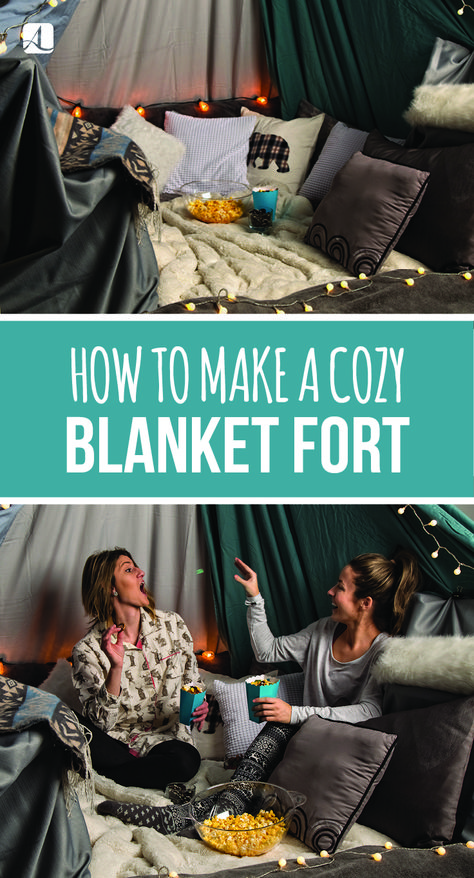 Sharing a blanket on the couch is old news—take it to the next level with this stylish and trendy fort for your partygoers this holiday season! | #blanketfort #cozy #holiday #party #pjparty Indoor Blanket Fort, Blanket Forts For Adults, Blanket Tent Fort, Living Room Blanket Fort, Adult Blanket Fort Bedroom, How To Make A Fort With A Couch, How To Make A Couch Fort, Basement Sleepover Setup, Blanket Fort Date Night