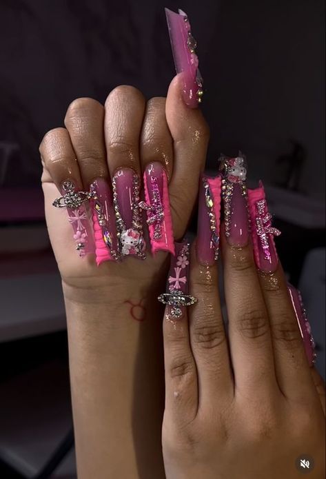 Birthday Nails Dramatic, Crazy Acrylic Nails Designs Art Ideas, Xl Duck Nails Acrylic, Xl Bling Nails, Junk Birthday Nails, Long Duck Nails With Charms, Birthday Junk Nails, Junk Nails Long, Xl Nails With Charms