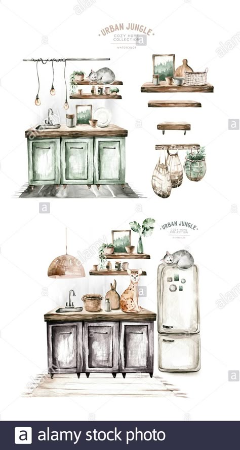 Hand paint watercolor scandinavian modern kitchen set. Isolated furniture for interior. Food theme. Vintage interior bohemian background with mid Stock Photo Vintage Kitchen Illustration, Interior Watercolor Painting, Kitchen Illustration Drawings, Kitchen Watercolor Art, Kitchen Illustration Art, Interior Design Watercolor, Watercolor Kitchen Art, Kitchen Sketch, Watercolor Interior