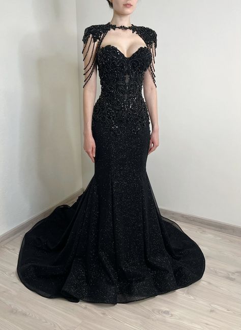 Black Trumpet Dress, Gothic Wedding Dress Mermaid, Black Lace Mermaid Dress, Black Goth Wedding Dress, Black Wedding Dress Elegant, Black Wedding Dress Mermaid, Gothic Boutique, Corset Mermaid Wedding Dress, Sparkly Corset