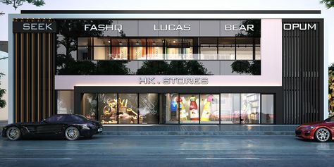 Sky Stores on Behance Commercial Design Exterior Architecture, Comercial Building Design, Shop Exterior Design Modern, Modern Commercial Building Exterior, Modern Commercial Building, Commercial Building Exterior, Hotel Design Architecture, Mall Facade, Church Building Design