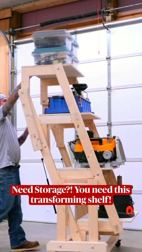 Have storage issues? Let's fix that! This heavy-duty mobile transforming shelf can hold sixteen 18Q storage boxes, your larger "awkward" tools, or can be moved to where you need it and be used as a workbench/table! Wood Crate Diy, Diy Moving, Diy Storage Projects, Portable Workbench, Wood Tool Box, Woodworking Tools Storage, Crate Diy, Diy Workbench, Wood Shop Projects