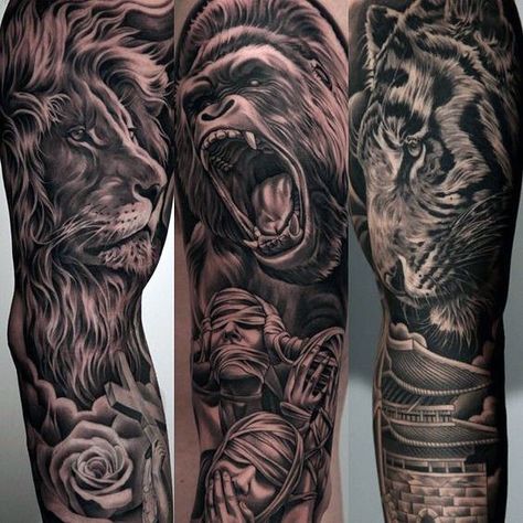 Roaring Gorilla With Calm Lion Guys Amazing Sleeve Tattoo Ideas Lion Sleeve, Animal Sleeve Tattoo, Gorilla Tattoo, Lion Tattoo Sleeves, Mens Lion Tattoo, Tattoos Geometric, Geniale Tattoos, Full Sleeve Tattoos, Tattoo Videos