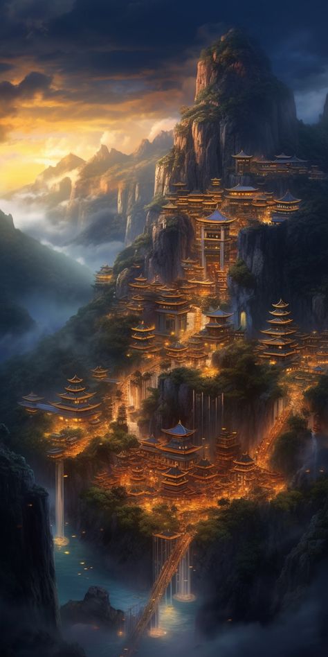 Prompt: Mystical ancient fantastic city among mountains, realistic style #ai #midjourney #city #mountains #fantastics Elven Mountain City, Ancient Fantasy City Concept Art, Dnd Mountain City, Castle In The Desert, Mountain Temple Fantasy Art, Mountain City Concept Art, Mountain Fantasy City, City Built Into Mountain, Volcano City Fantasy Art