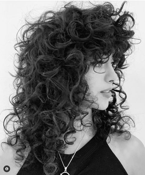 Curly Hairstyles Shag, Long Shag Cut Curly Hair, Punk Curly Haircut, Punk Rock Curly Hair, Long Shag Cut For Curly Hair, Rocker Curly Hair, 70s Shag Curly Hair, Curly Hair Rocker Style, 80s Curly Haircut