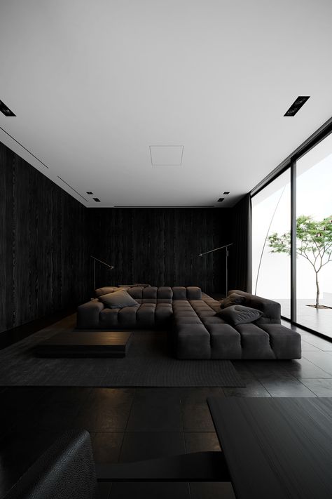 House of silence on Behance Black Modern Sofa, Latest Sofa Set Designs, Black Sofa Living Room Decor, Dark Interior Design, Wooden Sofa Set Designs, Dark Living Rooms, Black Interior Design, Black Living Room, Living Room Sofa Design