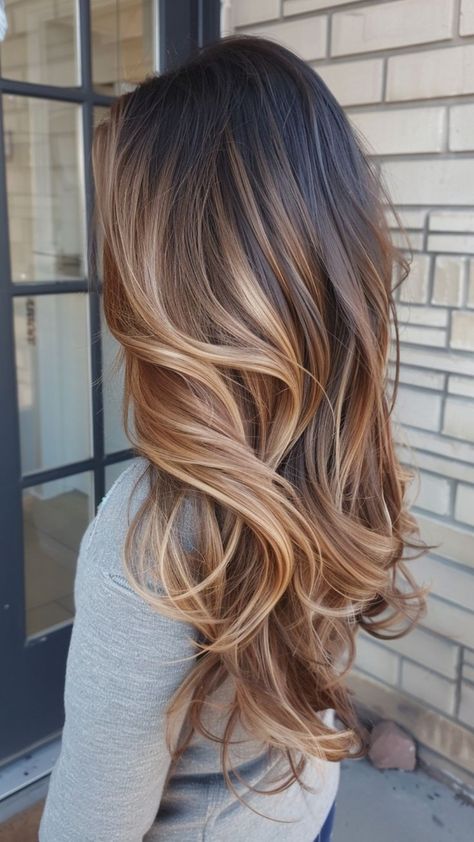 Balage Hair Color For Brunettes, Top Highlights Hair, Bright Caramel Highlights, Bright Caramel Balayage, Long Brown Hair With Highlights Balayage, Fall Caramel Balayage, Brown To Balayage, Chocolate Blonde Balayage, Golden Brunette Hair Balayage