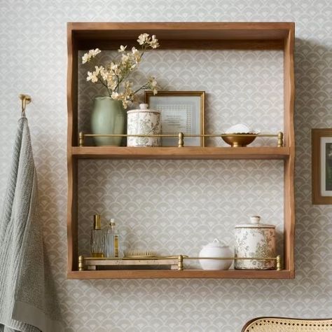 Shelves + Organization Shop - Magnolia Bathroom Shelves Next To Mirror, Side Table In Bathroom, Wall Cube Shelves, Half Bath Gold Fixtures, Blue And White Shelf Decor, Powder Room Shelf Decor Over Toilet, Powder Room Shelving, Picture Rail Bathroom, Cheap Bathroom Upgrades