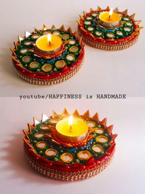 DIY Tea-Light Candle Holder Decoration Ideas | Diya Decoration Ideas For Diwali | Lippan Art Work Tea Light Holder Diy Crafts, Lippan Art On Diya, Diya Decoration Ideas Creative, Tea Light Holder Diy, Shish Mahal, Arti Decoration, Indian Decor Diy, Decorating Plates, Decoration Ideas For Diwali