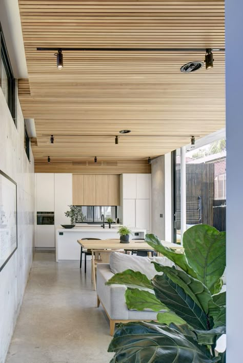 Gallery of Bondi House / James Garvan Architecture - 3 Bondi House, Kitchen Concrete Floor, Concrete Kitchen Floor, Concrete Tile Floor, Kitchen Cabinet Trends, Timber Ceiling, Concrete Countertops Kitchen, Long House, Wood Beam Ceiling