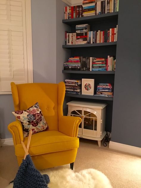 Ikea Strandmon Chair Yellow, Strandmon Yellow, Ikea Strandmon Chair, Ikea Yellow Chair, Reading Corner Ideas For Adults, Reading Corner Living Room, Strandmon Ikea, Strandmon Chair, Ikea Strandmon