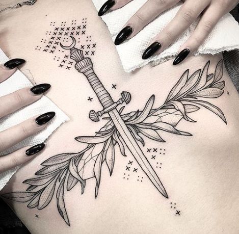 Dagger Sternum Tattoo, Sage And Crystals, Sage Crystals, Pagan Tattoo, Garter Tattoo, Iris Tattoo, Small Chest Tattoos, Tattoo Time, Greenpoint Brooklyn