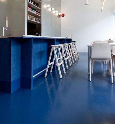 Marine Plywood Flooring, Concrete Floors Design, Blue Painted Wood Floors, Blue Stained Concrete Floors, Basement Painted Floor Concrete, Blue Concrete Floor, Blue Floor Kitchen, Kitchen Floor Colors, Blue Painted Floor