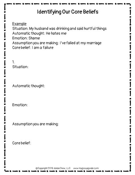 My Group Guide- Group Activity on Core Beliefs & Cognitive Distortions Identifying Core Beliefs Worksheet, Cbt Core Beliefs, Core Beliefs Cbt Worksheet, Examples Of Core Beliefs, Cognitive Distortions Activities, Core Beliefs Identifying, Recovery Group Activities, Core Beliefs Worksheet, Group Therapy Activities