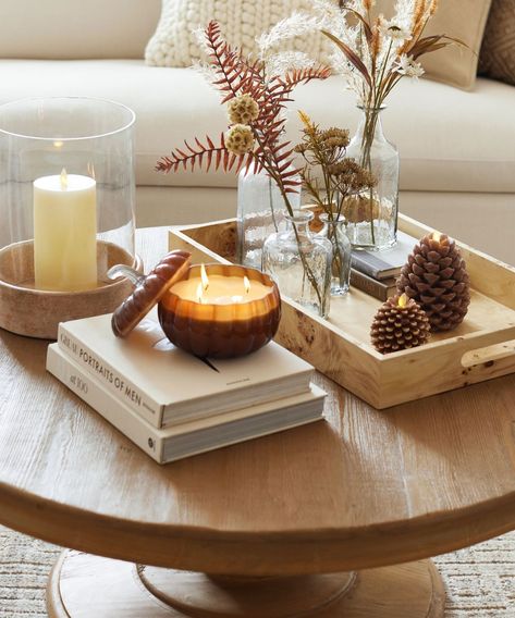 Easy fall decorating ideas | Autumn Coffee Table Decor, Fall Decor Coffee Table, Styling Coffee Table, Fall Coffee Table Decor, Pine Cone Candles, Fall Coffee Table, Cream Throw, Fall Decorating Ideas, Easy Fall Decor