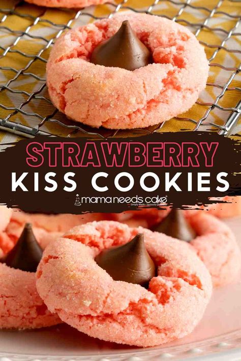 These Strawberry Kiss Cookies are easy to make and use strawberry cake mix and Hershey Kisses in the center of each cookie. These cookies are a fun Valentine's Day treat. Strawberry Gooey Butter Cookies, Strawberry Cake Cookies Mix Boxes, Cookies With Kisses In The Middle, Valentine’s Day Cookies Design, Hidden Kiss Cookies, Strawberry Kiss Cookies, Valentine Cookie Box Ideas, Valentines Cookie Recipes, Valentine Cookie Sticks