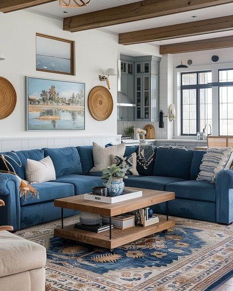 Blue Hues Living Room, Modern Blue Living Room, Coastal Farmhouse Design, Blue Couch Living Room, Blue Living Room Decor, Coastal Living Rooms, Modern Blue, Coastal Farmhouse, Blue Living Room