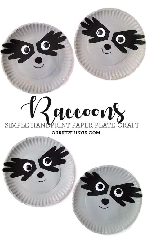 Simple Paper Plate Handprint Raccoon Craft Animal Crafts For Kindergarteners, Preschool Animals Craft, Land Animals Preschool Craft, Paper Plate Bug Craft, Summer Activities For Kids Preschool Classroom, Prek Letter Crafts, Raccoon Handprint Craft, Woodland Crafts Preschool, Preschool Woodland Animals Crafts