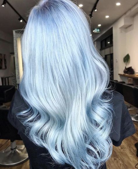 Silver Blue Hair Ombre, Icy Blue Hair Color, Icy Silver Blue Hair, Edgy Hairdos, Platinum Blue Hair, Long Light Blue Hair, Frost Blue Hair, Periwinkle Blue Hair, Silvery Blue Hair