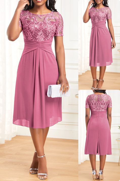 Embrace your femininity with our Lace Patchwork Pink Boat Neck Dress 💕. This midi-length, short-sleeved dress boasts a flowy design, perfect for any party. The elegant lace and patchwork details, along with a tasteful split and ruched accents, create a sophisticated look. Crafted from 100% polyester, it’s as comfortable as it is stylish.  #PinkElegance #LaceLove #PartyDress #BoatNeckBeauty #FlowyFashion #PatchworkPerfection #RuchedDetail #MidiDress #SophisticatedStyle #ChicLook Pink Boat, Flowy Design, Boat Neck Dress, Lace Patchwork, Sleeved Dress, Dress Clothes, Sophisticated Style, Dress Clothes For Women, Boat Neck