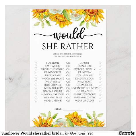 Sunflower Would she rather bridal shower game Sunflower Themed Bridal Shower Ideas, Sunflower Bridal Shower Ideas, Wedding Yard Games, Lemon Themed Bridal Shower, Flower Birthday Party, Would She Rather, Holly Wedding, Sunflower Centerpieces, Sunflowers And Roses